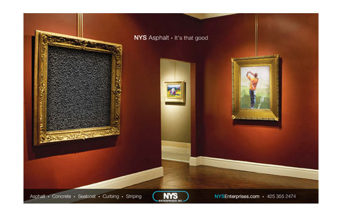 Concrete asphalt surface framed in a museum with other art. Advertisement for NYS Asphalt.