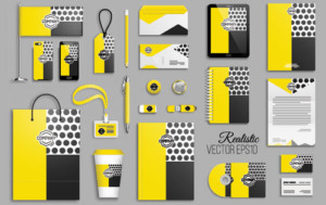 Design for brand merchandise featuring many different items. Phone cases, notepads, cd's, badges, etc.