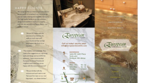 Brochure for European stone design. Company description and info written over a marble backdrop.