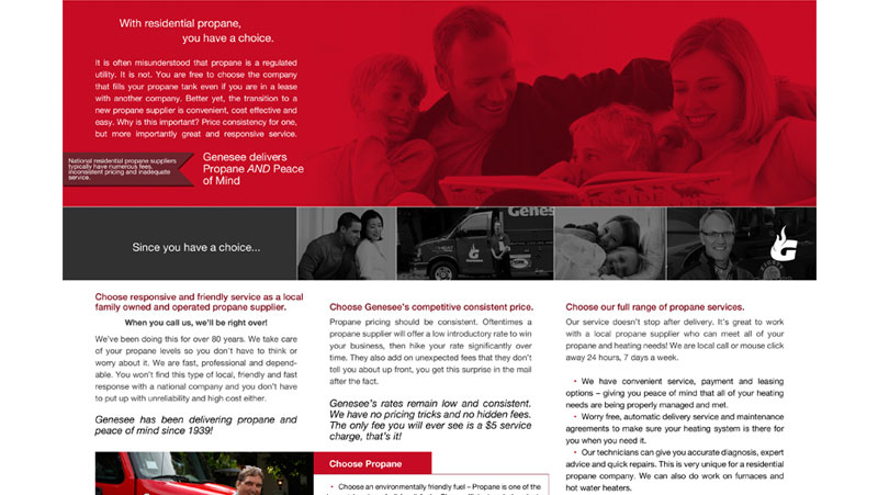 Newsletter designed for Genesee Energy. Modern red and grey design featuring company photos and info.