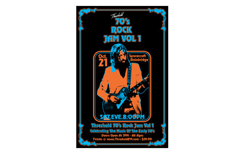 Rock poster promo with 70's illustrated aesthetic. Man playing guitar, orange and blue color scheme.