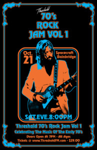 Rock poster promo with 70's illustrated aesthetic. Man playing guitar, orange and blue color scheme.