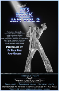 Rock poster promo. Man on stage with spotlight on him singing. Event info written in retro aesthetic.