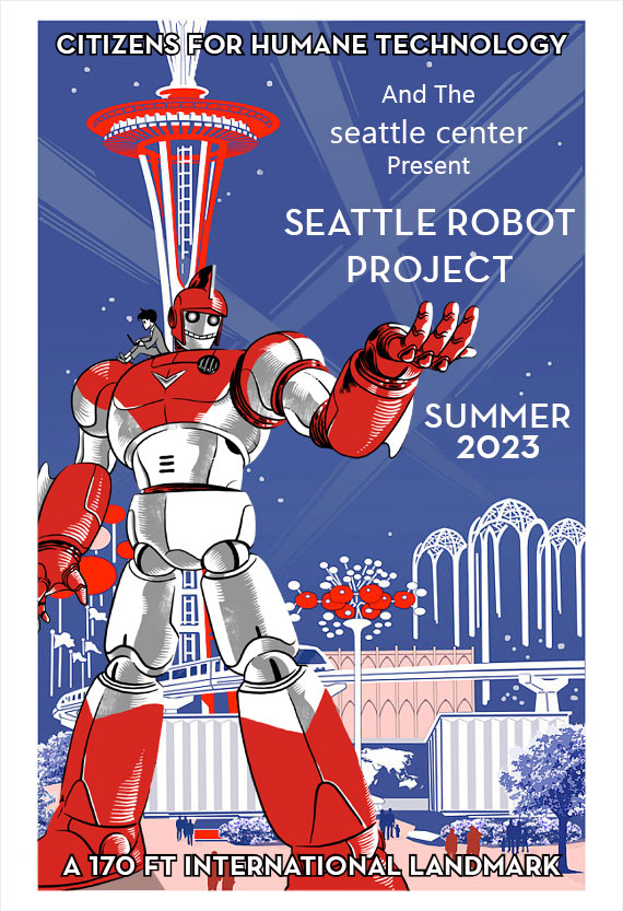 Concept design for a 170ft Monster Tamer robot statue in Seattle center. Illustrated poster.