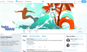 Twitter profile design for Ceylon Mastery. Screenshot.