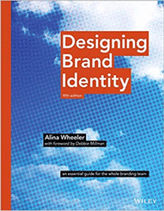 Book cover titled Designing Brand Identity, blue clouds in the background.