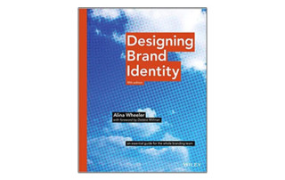 Book cover titled Designing Brand Identity, blue clouds in the background.