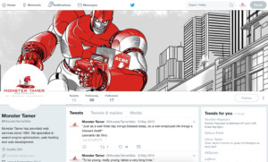 Twitter profile design for Monster Tamer Web Hosting. Screenshot.
