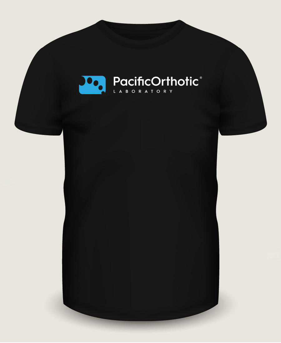Black t-shirt mockup design for Pacific Orthotic using their company logo.