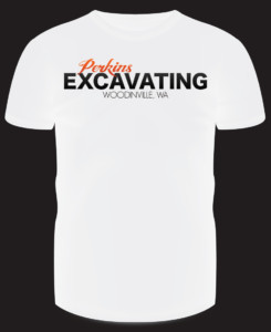 White t-shirt mockup design for Perkins Excavating using their company logo.