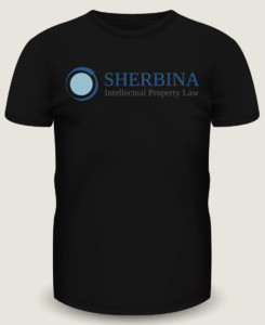 Black t-shirt mockup design for Sherbina IP Law using their company logo.