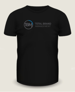 Black t-shirt mockup design for Total Brand Management using their company logo.