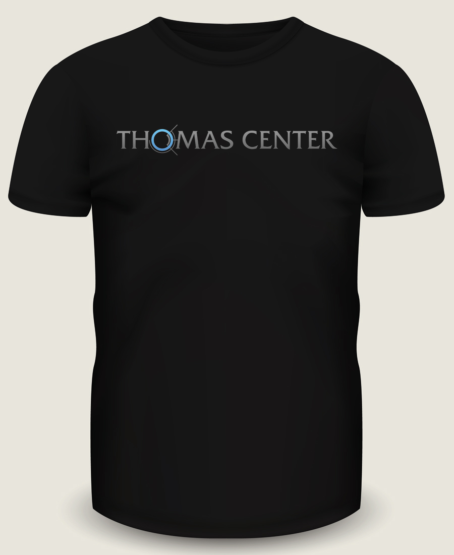 Black t-shirt mockup design for Thomas Center using their company logo.
