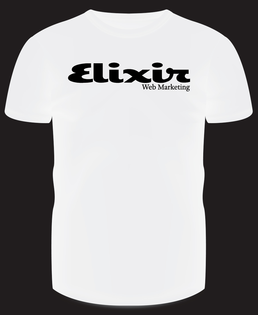 T-shirt mockup design for Elixir Web Marketing using company logo.