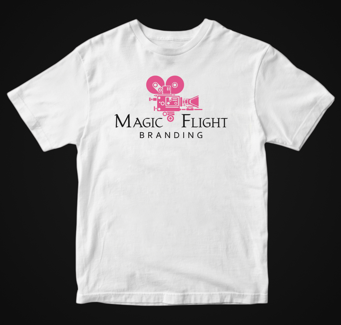 White t-shirt mockup design for Magic Flight using their company logo.