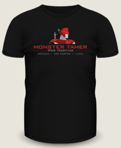 Black t-shirt mockup design for Monster Tamer using their company logo.