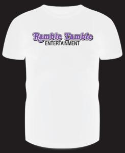 White t-shirt mockup design for Ramble Tamble using their company logo.