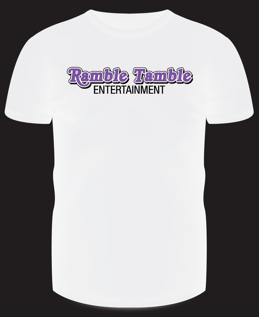 White t-shirt mockup design for Ramble Tamble using their company logo.