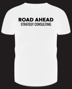 Black t-shirt mockup design for Road Ahead using their company logo.