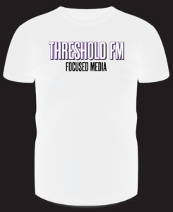 White t-shirt mockup design for Threshold FM using their company logo.