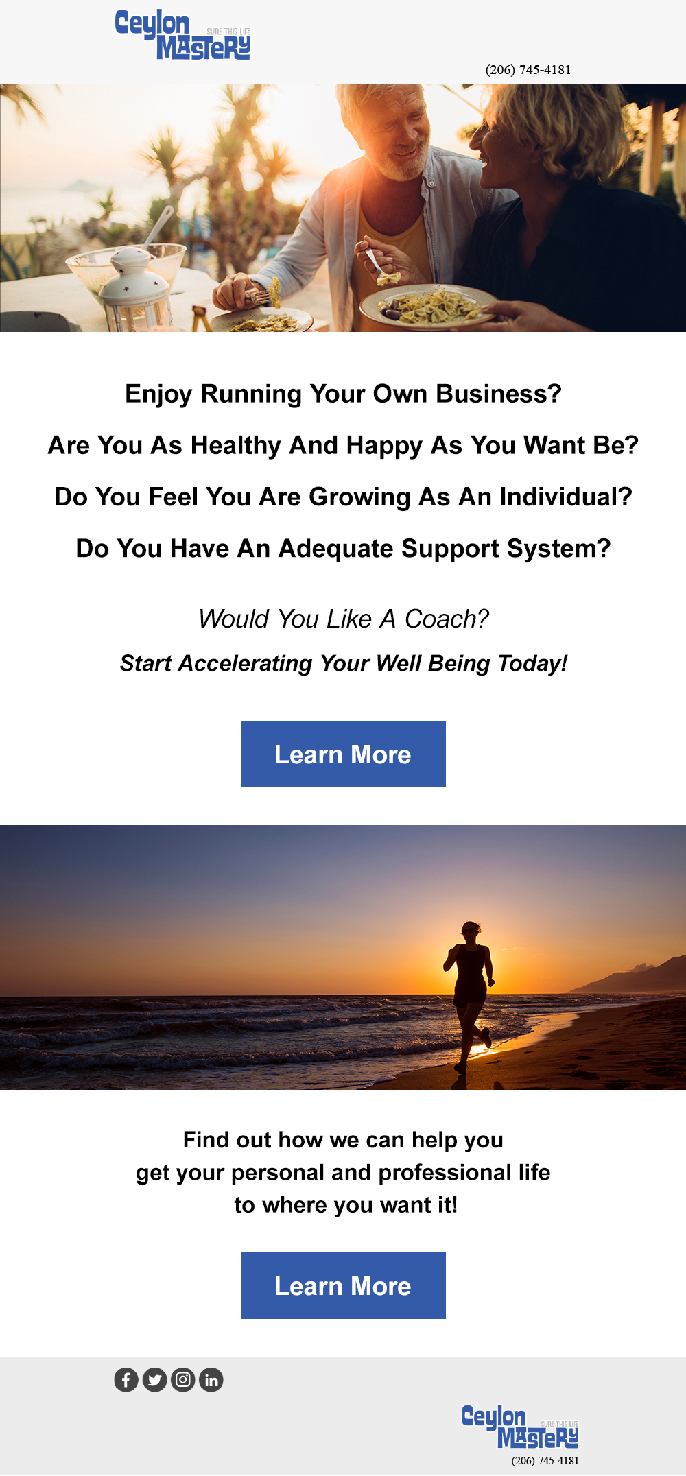 Email marketing newsletter about life coaching with link to learn more. Screenshot.