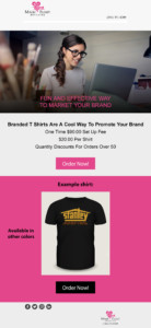 Email marketing newsletter about custom branded merch with link to order now.