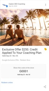 Google advertisement for coaching plans. Offering $250 credit using a referral code. Screenshot.