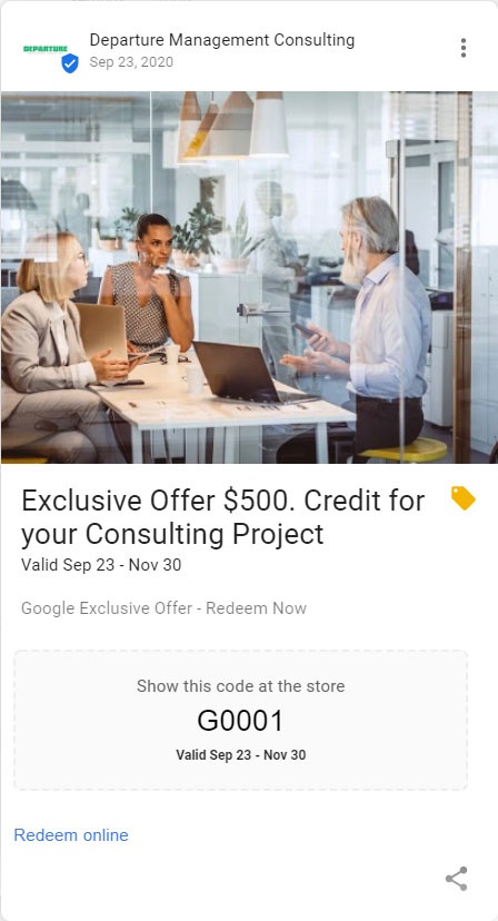 Google advertisement for consulting projects. Offering $250 credit using a referral code. Screenshot.
