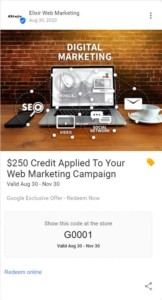 Google advertisement for marketing campaigns. Offering $250 credit using a referral code. Screenshot.