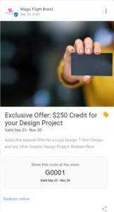 Google advertisement for design projects. Offering $250 credit using a referral code. Screenshot.