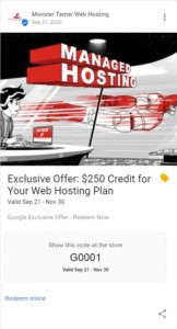 Google advertisement for hosting plans. Offering $250 credit using a referral code. Screenshot.