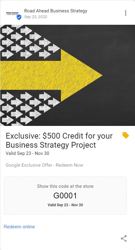 Google advertisement for business strategy projects. Offering $250 credit using a referral code. Screenshot.