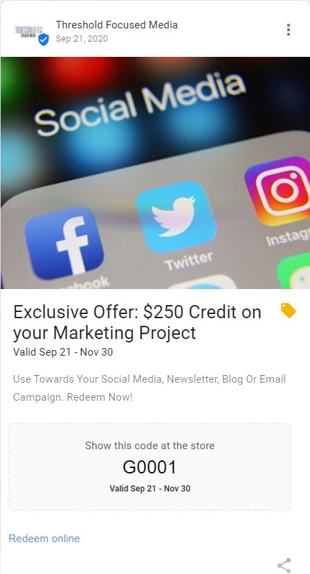 Google advertisement for marketing projects. Offering $250 credit using a referral code. Screenshot.