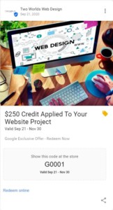 Google advertisement for web design projects. Offering $250 credit using a referral code. Screenshot.